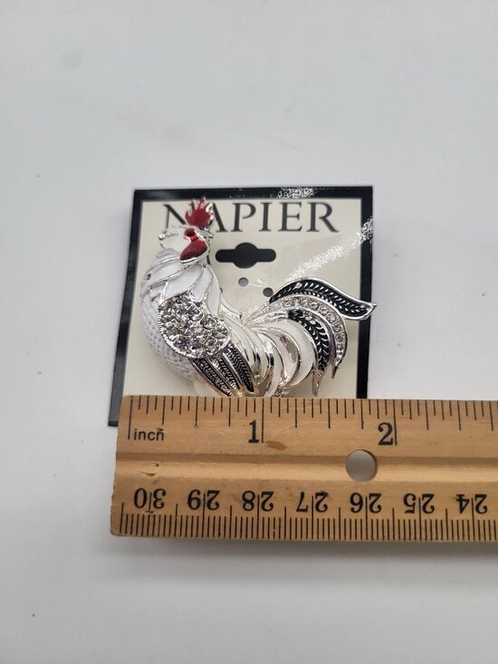 Napier Chicken Rooster Pin Brooch White Red Whimsical Farm Country Silver Tone - Picture 4 of 5